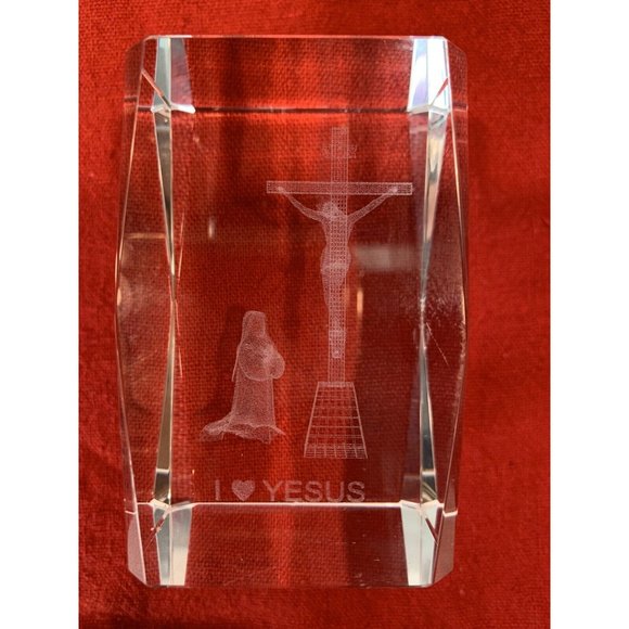 Jesus Cross Mary Laser Etched 3D Crystal Glass Cube Paperweight - Picture 2 of 7